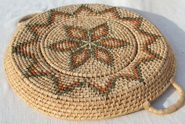 photo of vintage coiled woven grass basket tray, rustic modern bohemian wall hanging #10