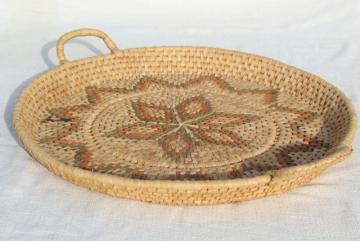 catalog photo of vintage coiled woven grass basket tray, rustic modern bohemian wall hanging