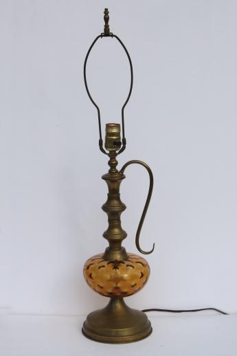 photo of vintage coin dot amber glass lamp w/ brass ewer handle lamp base, colonial style #1