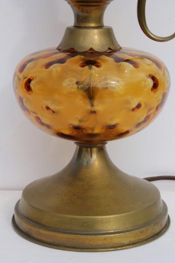 photo of vintage coin dot amber glass lamp w/ brass ewer handle lamp base, colonial style #3