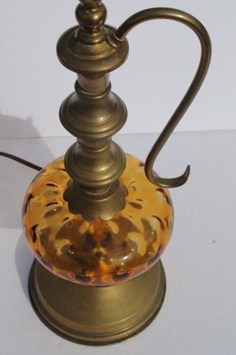 photo of vintage coin dot amber glass lamp w/ brass ewer handle lamp base, colonial style #6