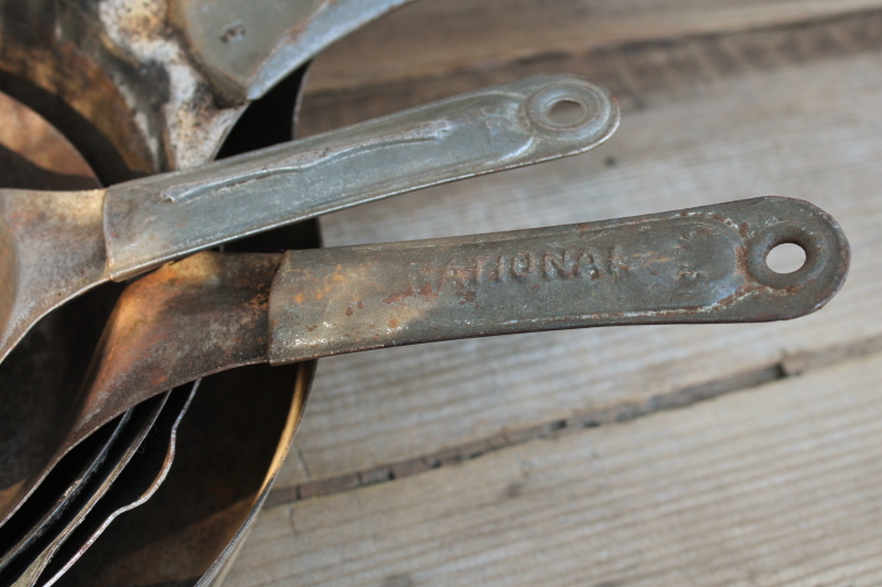 photo of vintage cold handle frying pans, collection of 6 steel skillets cowboy camp fire wood stove cookware  #11