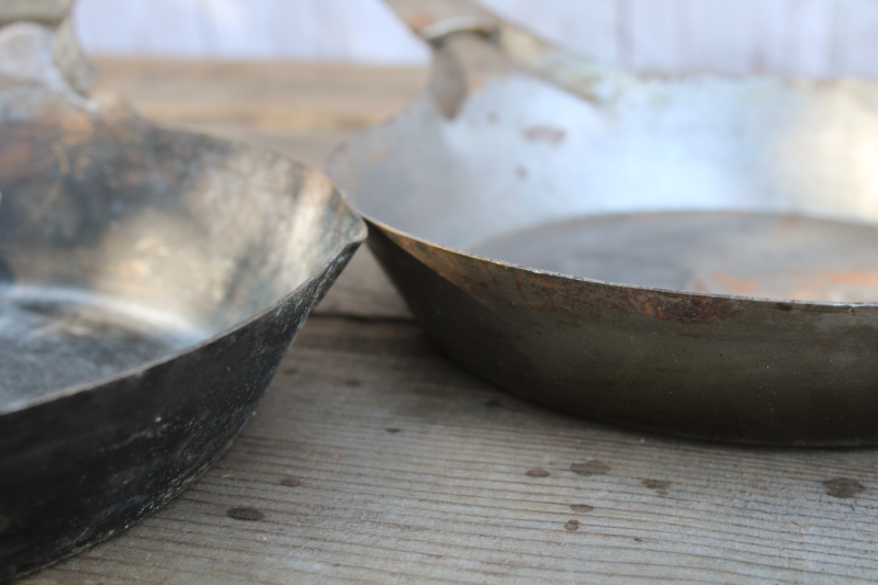 photo of vintage cold handle frying pans, collection of 6 steel skillets cowboy camp fire wood stove cookware  #17