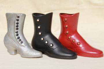 catalog photo of vintage collection of antique shoe vases, high button shoes ladies boots