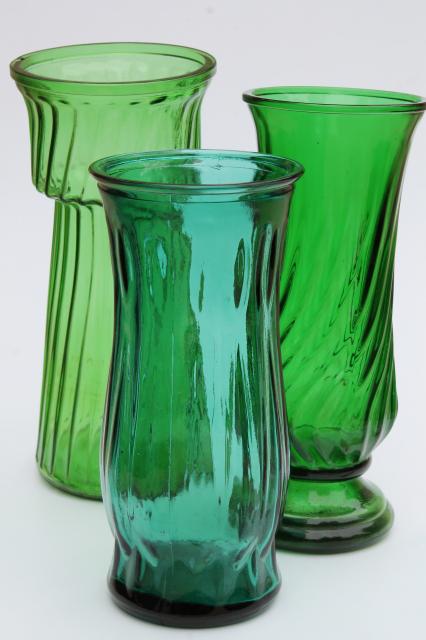photo of vintage collection of swirl glass flower vases in greens, teal, forest green, lime #1