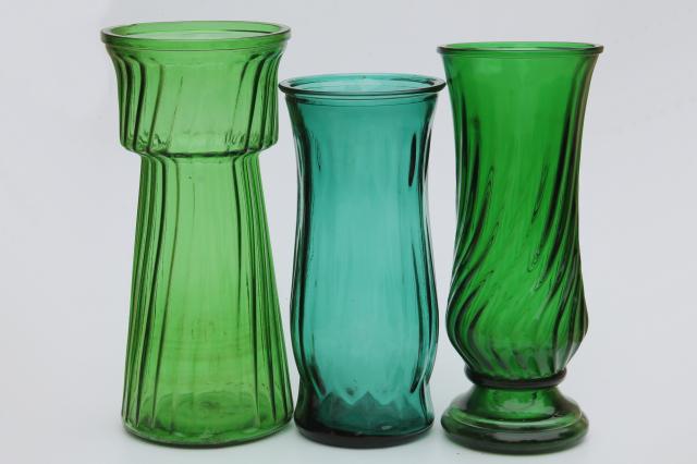 photo of vintage collection of swirl glass flower vases in greens, teal, forest green, lime #5