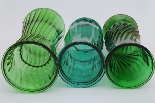 photo of vintage collection of swirl glass flower vases in greens, teal, forest green, lime #7