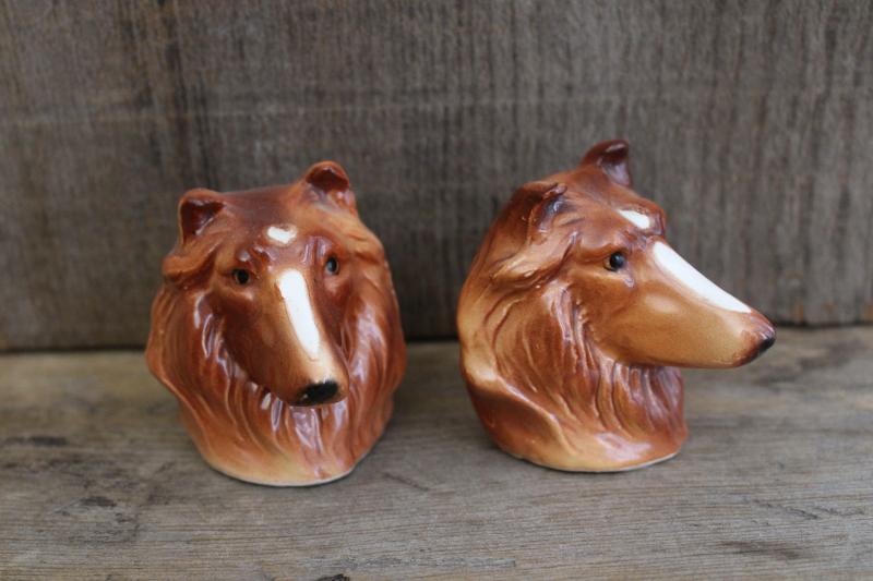 photo of vintage collie dog figural S&P set, hand painted Japan ceramic salt and pepper shakers #4