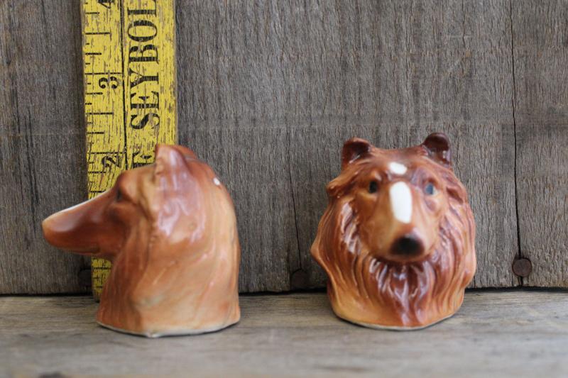 photo of vintage collie dog figural S&P set, hand painted Japan ceramic salt and pepper shakers #7