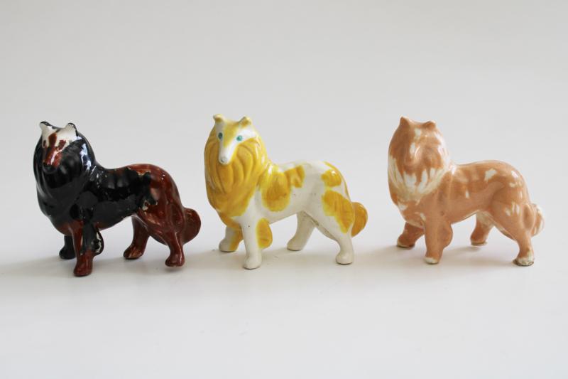 photo of vintage collie dog mini figurines, slip glaze style spotted ceramic collies collection #1