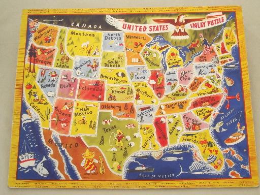 photo of vintage color litho puzzle board, US map tray puzzle w/ die cut states #1