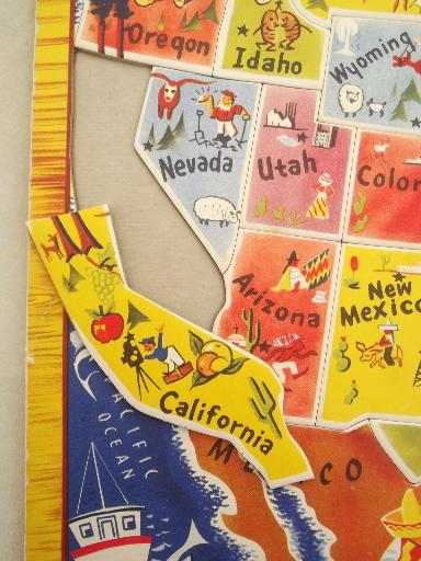 photo of vintage color litho puzzle board, US map tray puzzle w/ die cut states #2