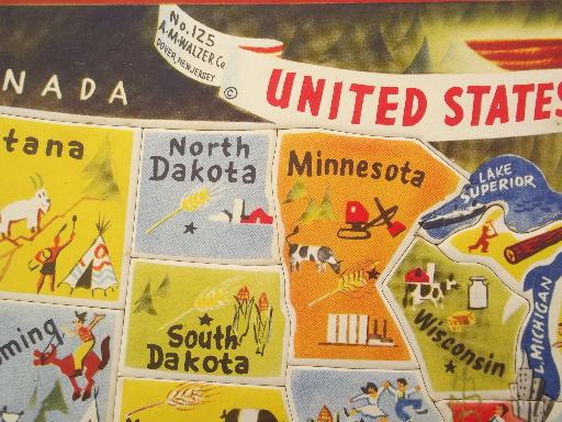 photo of vintage color litho puzzle board, US map tray puzzle w/ die cut states #3