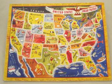 catalog photo of vintage color litho puzzle board, US map tray puzzle w/ die cut states