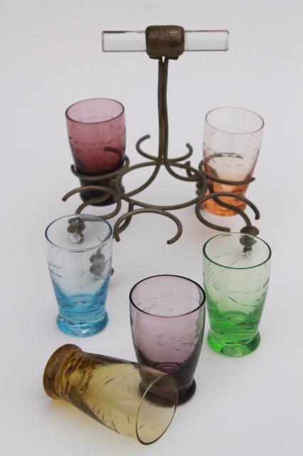 photo of vintage colored glass shot glasses set, Bohemian etched glass shots w/ art deco caddy rack #1