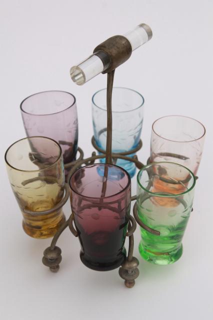photo of vintage colored glass shot glasses set, Bohemian etched glass shots w/ art deco caddy rack #7
