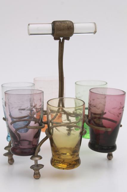 photo of vintage colored glass shot glasses set, Bohemian etched glass shots w/ art deco caddy rack #8