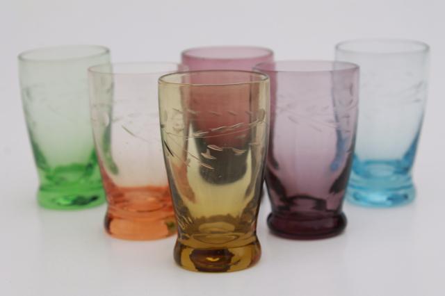 photo of vintage colored glass shot glasses set, Bohemian etched glass shots w/ art deco caddy rack #9