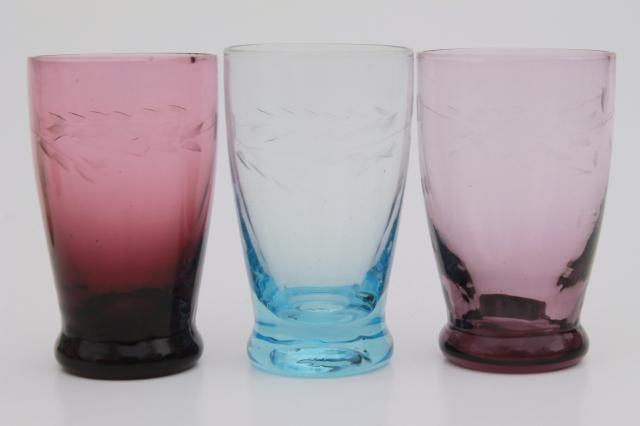 photo of vintage colored glass shot glasses set, Bohemian etched glass shots w/ art deco caddy rack #10