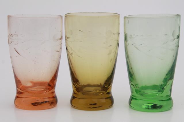 photo of vintage colored glass shot glasses set, Bohemian etched glass shots w/ art deco caddy rack #11