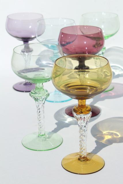photo of vintage colored glass twist stem crystal hock wine glasses or cocktail glasses #1
