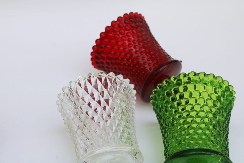photo of vintage colored glass votive candle holders peg type cups Christmas red, green, clear glass #2