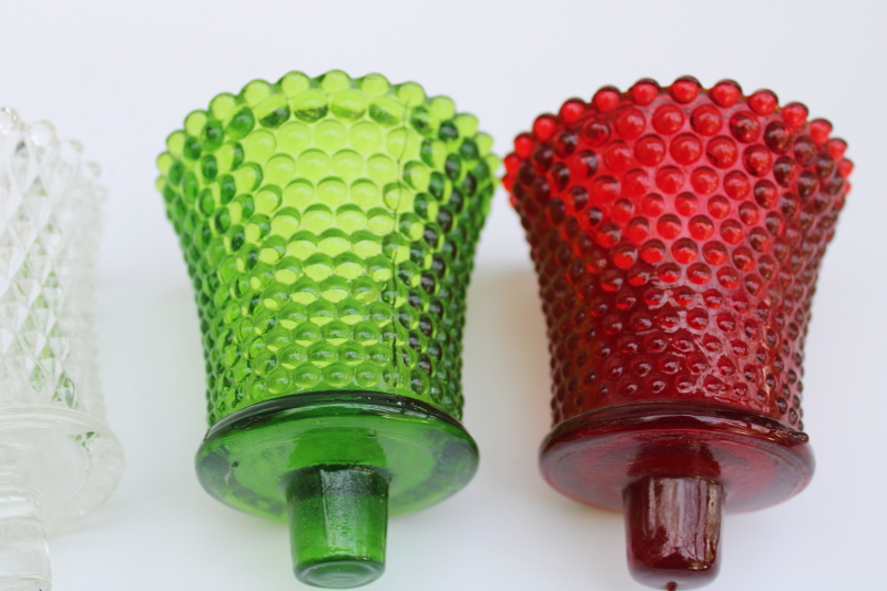 photo of vintage colored glass votive candle holders peg type cups Christmas red, green, clear glass #3