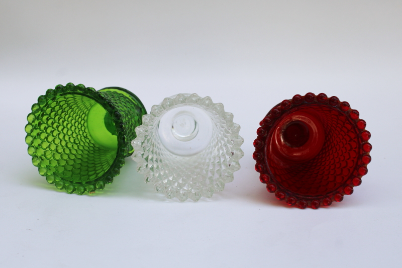 photo of vintage colored glass votive candle holders peg type cups Christmas red, green, clear glass #4
