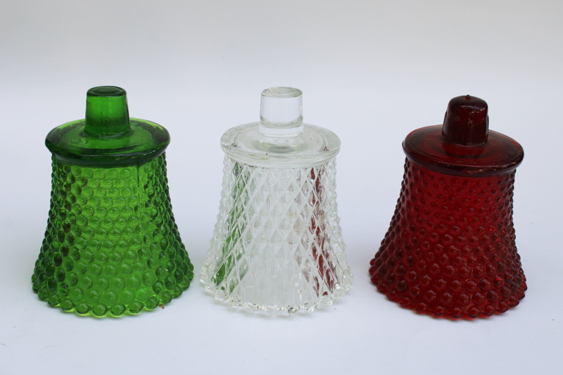photo of vintage colored glass votive candle holders peg type cups Christmas red, green, clear glass #5