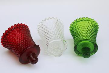 catalog photo of vintage colored glass votive candle holders peg type cups Christmas red, green, clear glass 