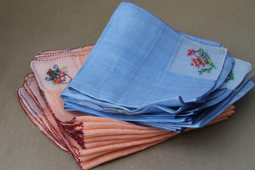 photo of vintage colored linen tea napkins, petit point embroidery on fine handkerchief linen #4