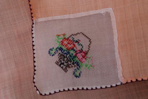 photo of vintage colored linen tea napkins, petit point embroidery on fine handkerchief linen #7