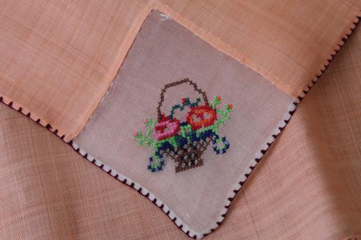photo of vintage colored linen tea napkins, petit point embroidery on fine handkerchief linen #8
