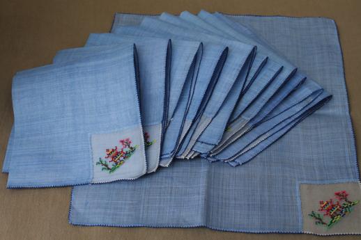 photo of vintage colored linen tea napkins, petit point embroidery on fine handkerchief linen #9