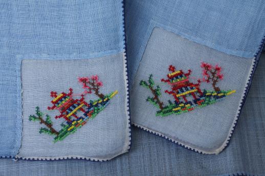 photo of vintage colored linen tea napkins, petit point embroidery on fine handkerchief linen #10