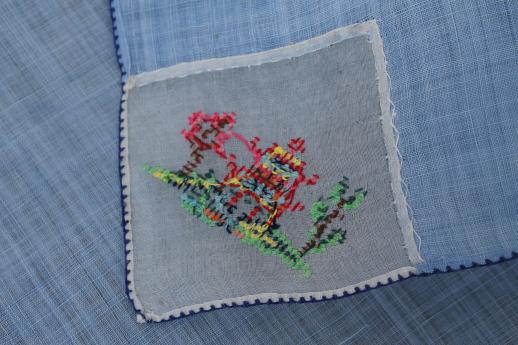 photo of vintage colored linen tea napkins, petit point embroidery on fine handkerchief linen #12
