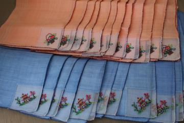 catalog photo of vintage colored linen tea napkins, petit point embroidery on fine handkerchief linen