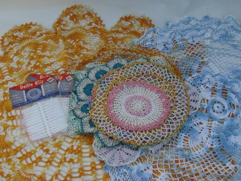 photo of vintage colored thread crocheted doilies, old crochet lace doily lot #1