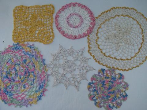 photo of vintage colored thread crocheted doilies, old crochet lace doily lot #2