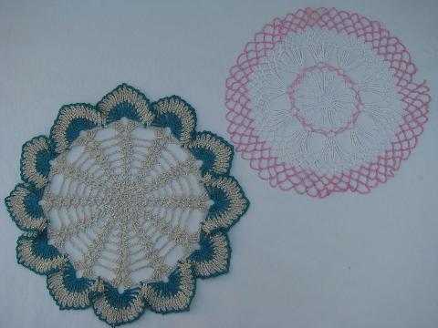 photo of vintage colored thread crocheted doilies, old crochet lace doily lot #3