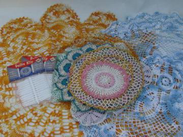 catalog photo of vintage colored thread crocheted doilies, old crochet lace doily lot