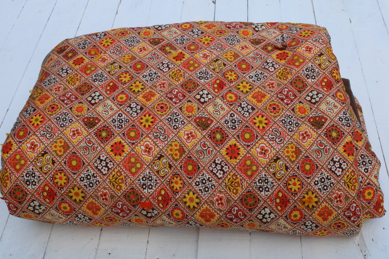 photo of vintage comforter quilt, orange, yellow gold, brown print cotton boho cozy fall bedding  #1