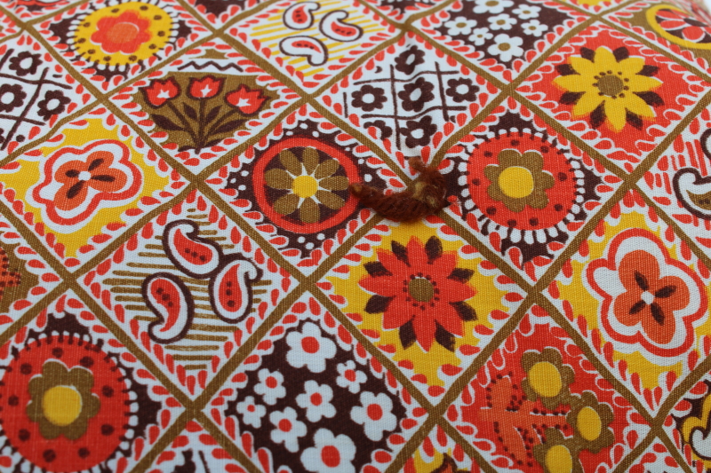 photo of vintage comforter quilt, orange, yellow gold, brown print cotton boho cozy fall bedding #2