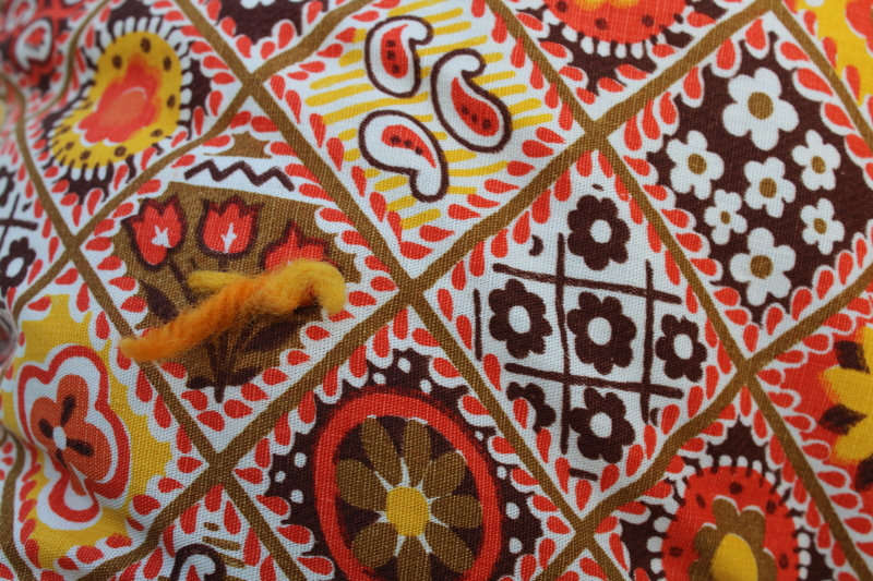photo of vintage comforter quilt, orange, yellow gold, brown print cotton boho cozy fall bedding #3