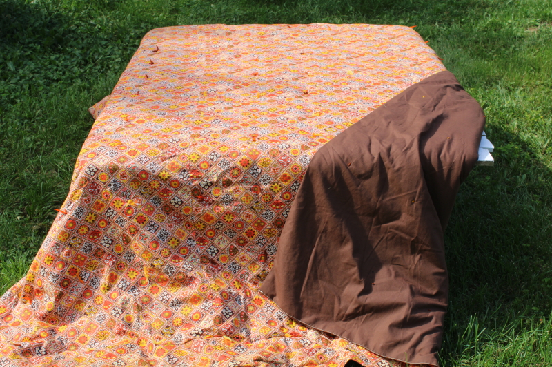 photo of vintage comforter quilt, orange, yellow gold, brown print cotton boho cozy fall bedding #4