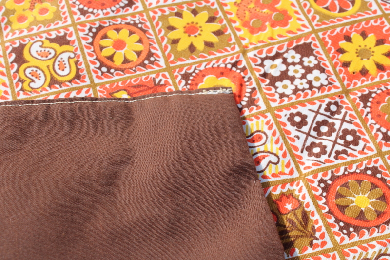 photo of vintage comforter quilt, orange, yellow gold, brown print cotton boho cozy fall bedding #5