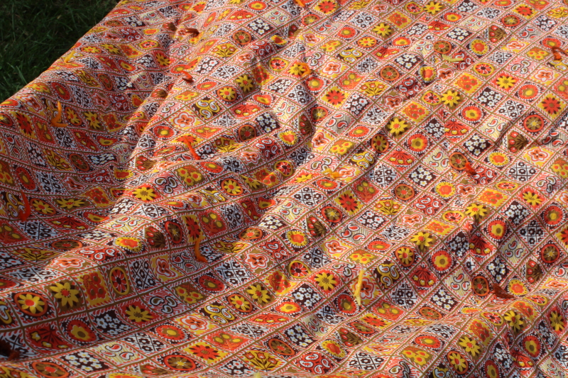 photo of vintage comforter quilt, orange, yellow gold, brown print cotton boho cozy fall bedding #6