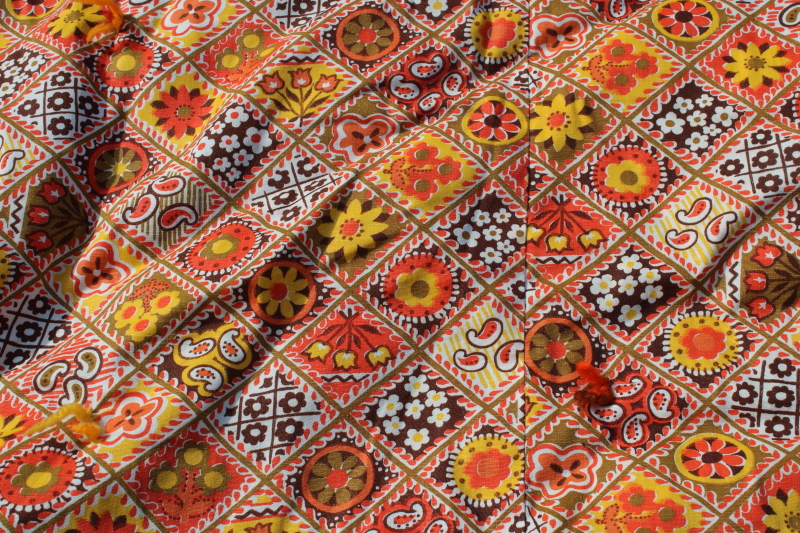 photo of vintage comforter quilt, orange, yellow gold, brown print cotton boho cozy fall bedding #7