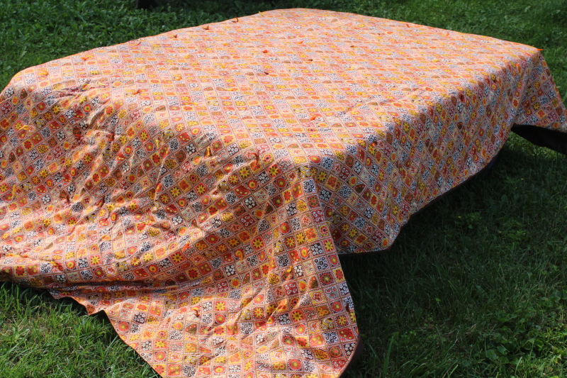 photo of vintage comforter quilt, orange, yellow gold, brown print cotton boho cozy fall bedding #8
