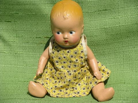 photo of vintage composition baby doll in handmade 30s-40s print cotton dress #1